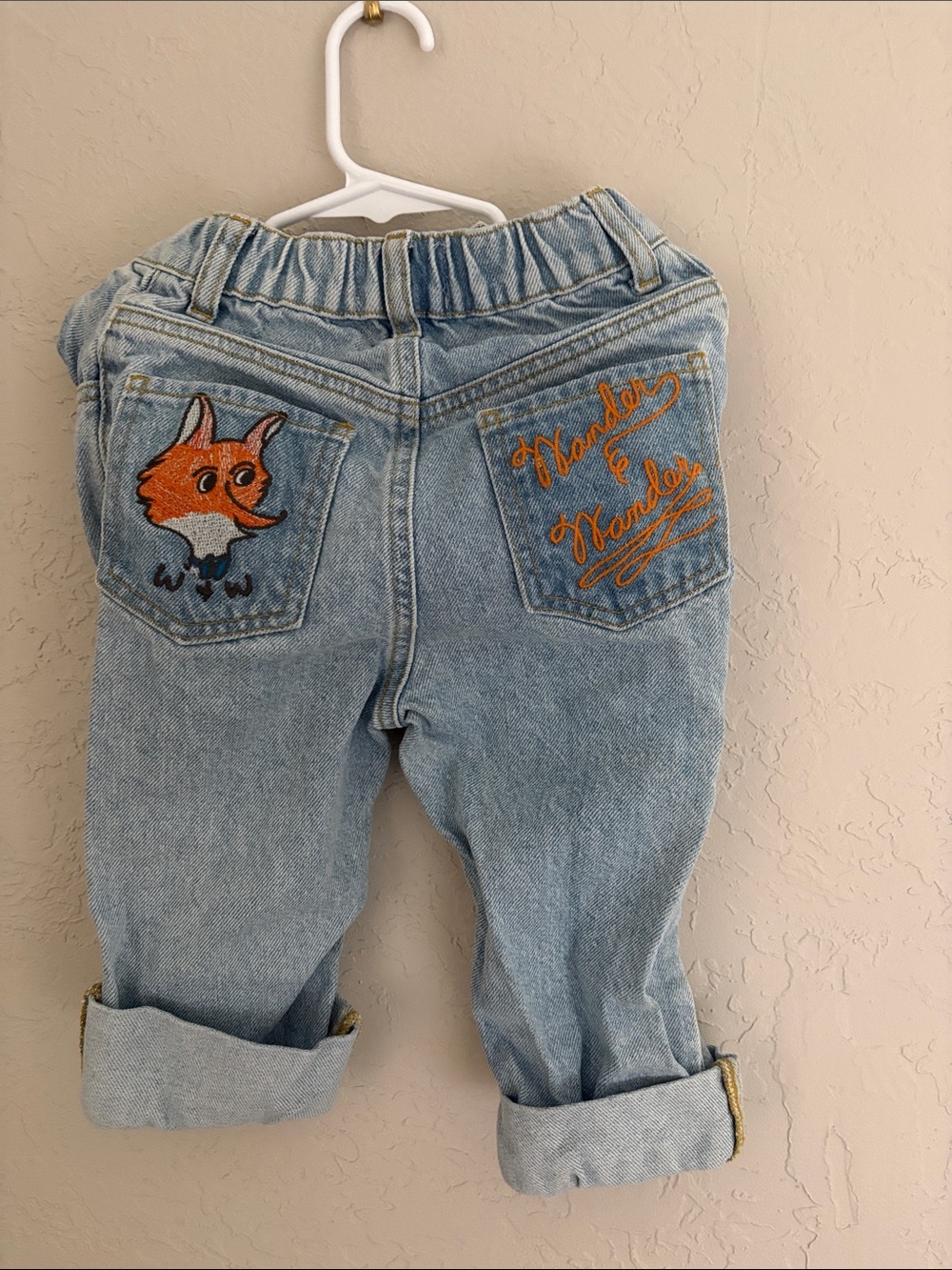 Light Wash Kids Denim Jeans with Orange Fox Embroidery